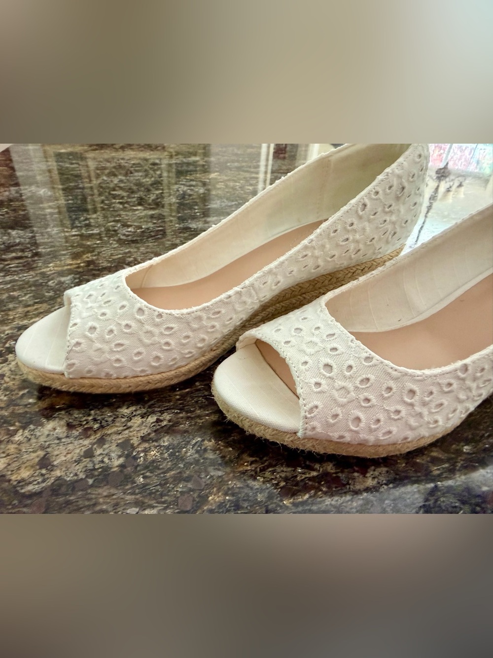 Bandolino White Eyelet Peep-Toe Espadrille Wedges